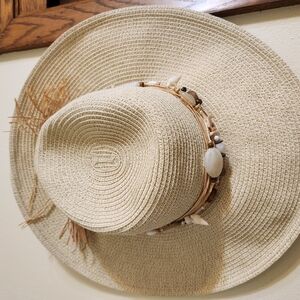 Boutique Beige Straw Sun Hat with Beaded Band